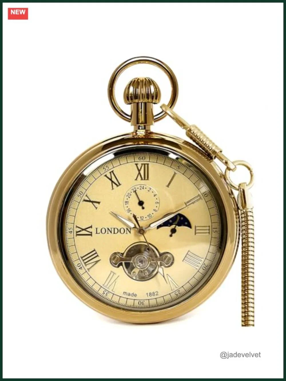 Vintage Mechanical Pocket Watch with Chain, Hand Wind, Moon Phase